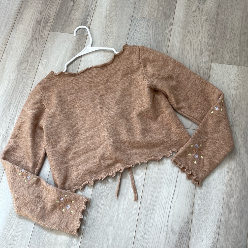 Cider Embroidered Cardigan Sweater Brown medium floral open tie front coquette - Picture 4 of 7
